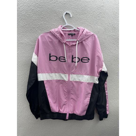Bebe Womens Jacket Size Medium Pink Colorblock Zip Up Windbreaker Hooded - Picture 1 of 13